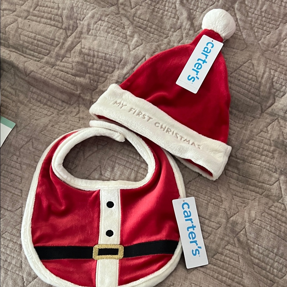 Carter's Festive Red and White Santa Bib and Hat Set